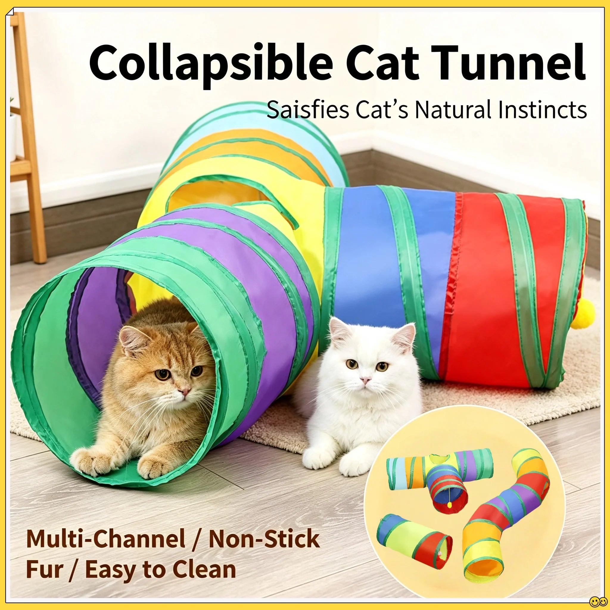 Foldable Rainbow Cat Tunnel Multi Channel Interactive Play Tube with Hanging Ball, Collapsible Hideaway Toy for Kittens Puppies