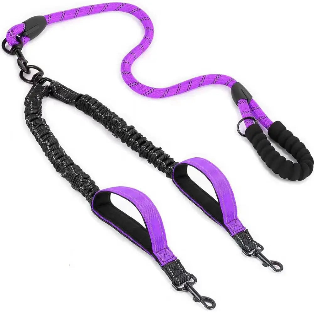 Reflective Double Dog Leash with Two Extra Traffic Handles: 360 Swivel No Tangle Dual Dog Walking Leash, Comfortable Shock Absor